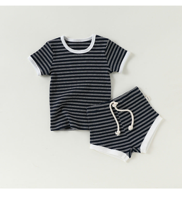 Striped T-Shirt + Shorts Set ボーダー柄トップス+パンツ セット【mh0012346】 Beitaoya