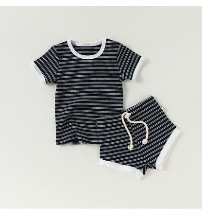 Striped T-Shirt + Shorts Set ボーダー柄トップス+パンツ セット【mh0012346】 Beitaoya
