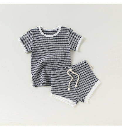 Striped T-Shirt + Shorts Set ボーダー柄トップス+パンツ セット【mh0012346】 Beitaoya