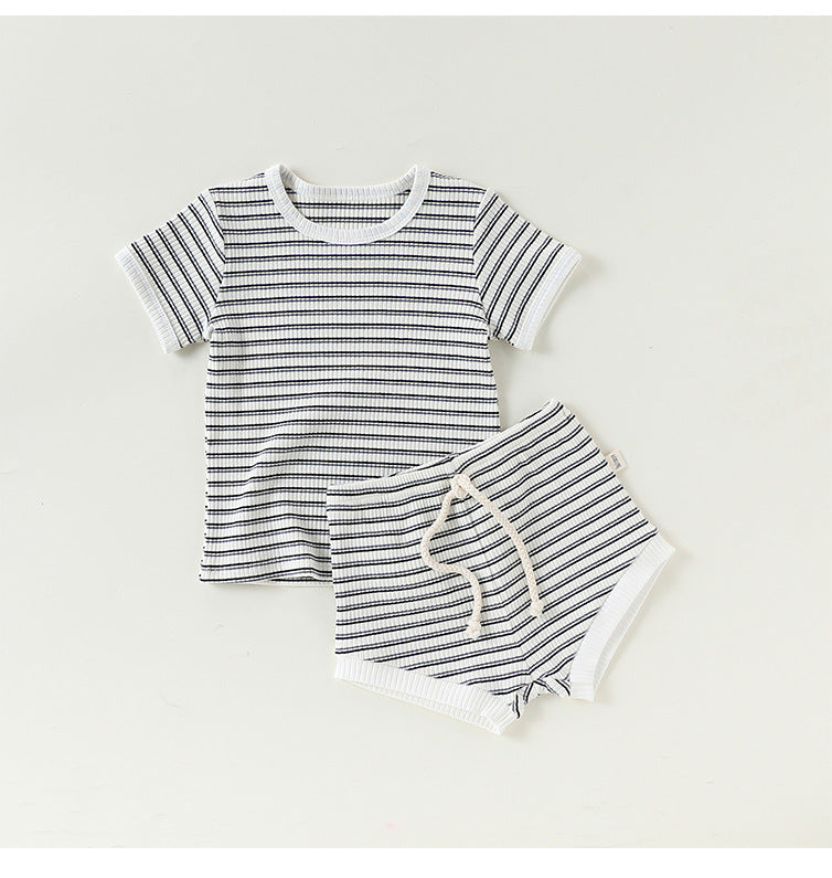 Striped T-Shirt + Shorts Set ボーダー柄トップス+パンツ セット【mh0012346】 Beitaoya