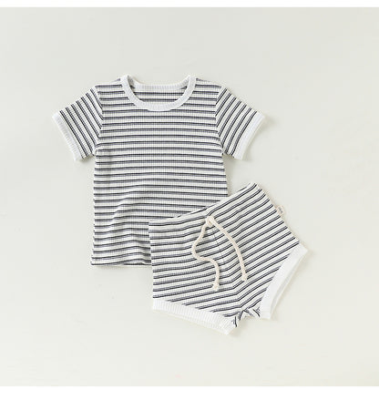 Striped T-Shirt + Shorts Set ボーダー柄トップス+パンツ セット【mh0012346】 Beitaoya