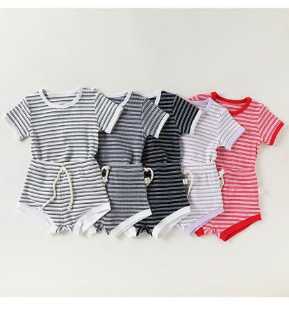 Striped T-Shirt + Shorts Set ボーダー柄トップス+パンツ セット【mh0012346】 Beitaoya