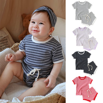 Striped T-Shirt + Shorts Set ボーダー柄トップス+パンツ セット【mh0012346】 mamahalo shop