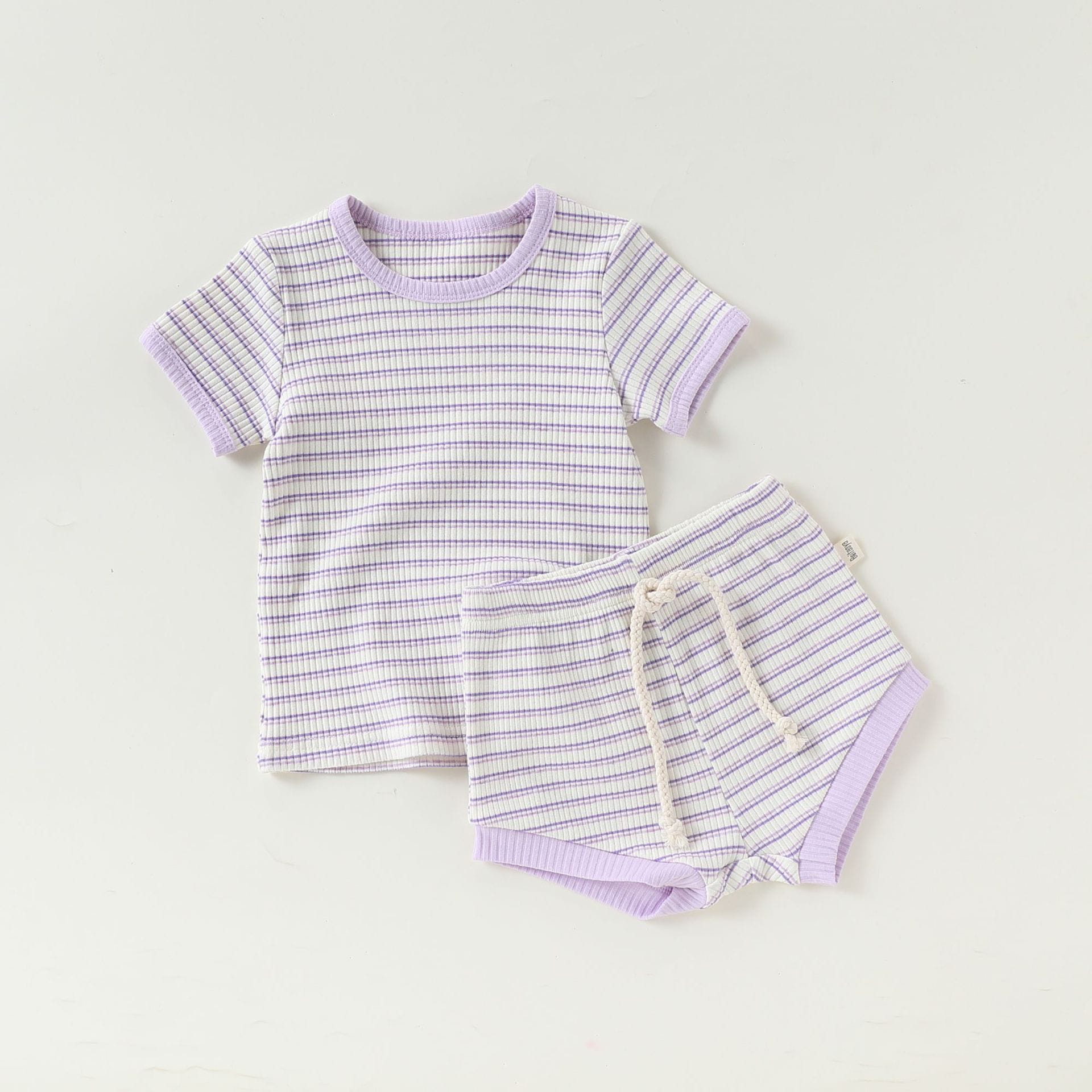 Striped Tee & Shorts Set ボーダー 半袖Tシャツ ショートパンツ セット【mh0013033】 Purple / 73cm Beitaoya 半袖セットアップ