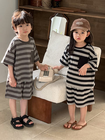 Striped Wide Pocket Short Sleeve Shorts Set ボーダー 半袖Tシャツ ハーフパンツ セット【mh0013467】 Jiaye Kids 半袖セットアップ