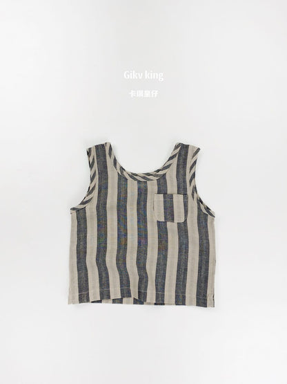 ストライプ柄ノースリーブTシャツ（綿素材風）ベージュ×チャコールの縦縞