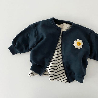 刺繍ひまわりアップリケのベビージップジャケット（ネイビー）