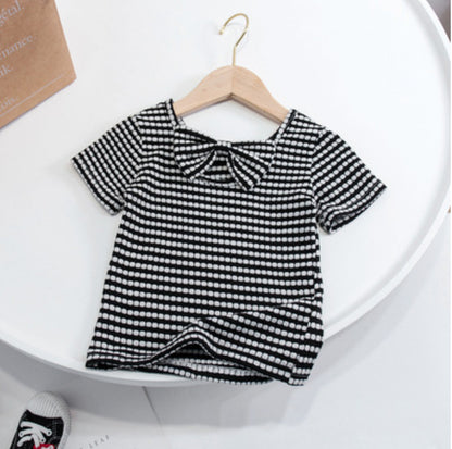 キッズ用半袖ボーダーTシャツ（黒×白）、パフスリーブ背中リボン