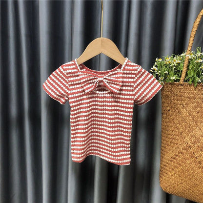 キッズ用半袖ボーダーTシャツ、パフスリーブと背中リボン付き