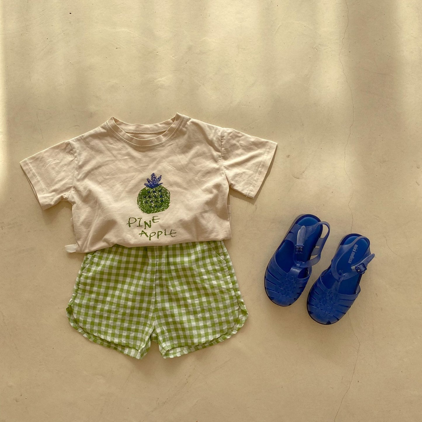 キッズ フルーツプリント チェック柄 半袖Tシャツ ショートパンツ セット【mh0000443】 Green / 80cm MaiTianJi 半袖セットアップ