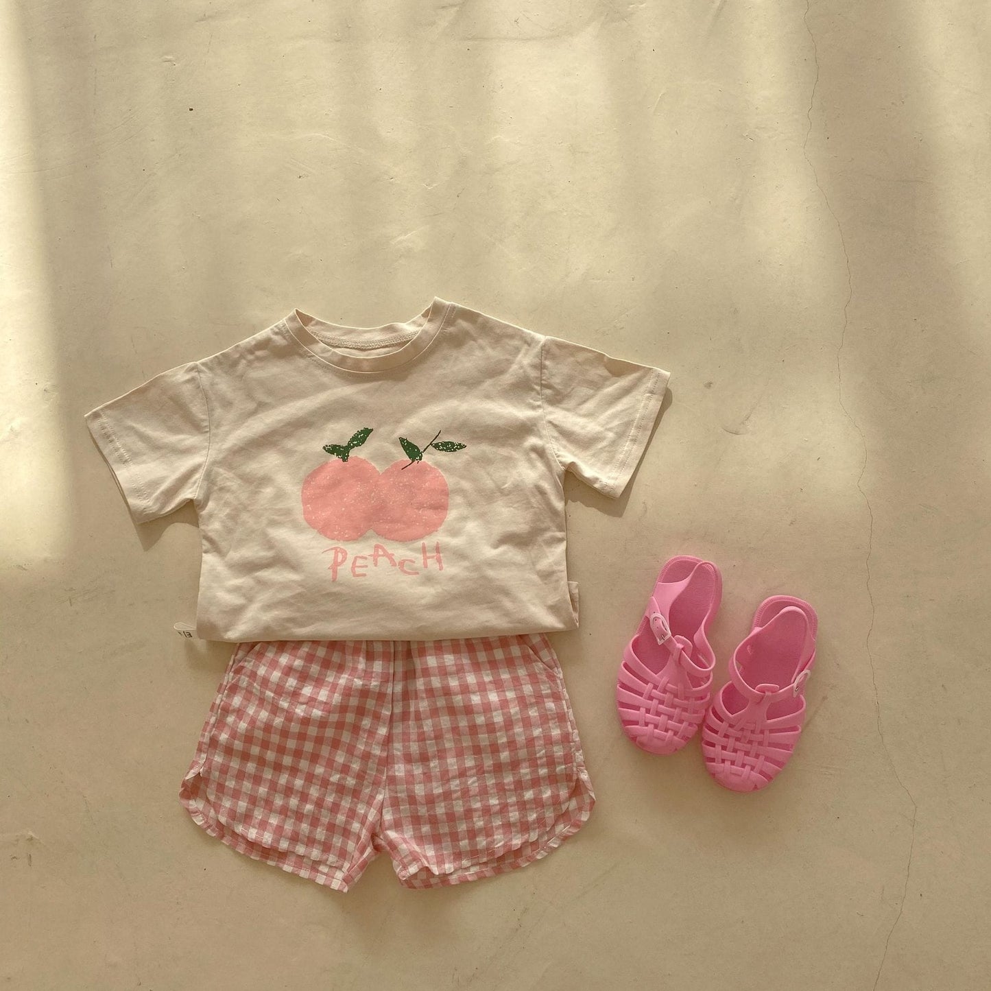 キッズ フルーツプリント チェック柄 半袖Tシャツ ショートパンツ セット【mh0000443】 Pink / 80cm MaiTianJi 半袖セットアップ