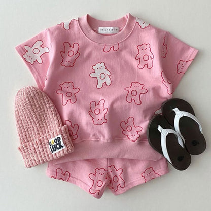 ピンク くま総柄 半袖Tシャツ＆ショートパンツ（全体）