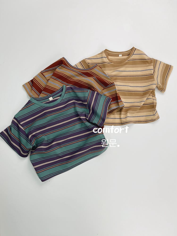 キッズ用ボーダー半袖Tシャツ3枚、ベージュ系・紫系・赤系ストライプ