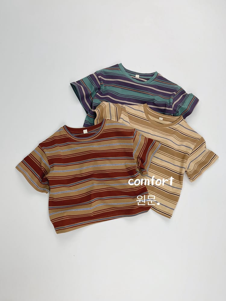 キッズ用ボーダー半袖Tシャツ3枚セット、茶・ベージュ・赤の配色