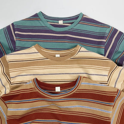 キッズ用レトロボーダー半袖Tシャツ、緑紫の配色と丸首