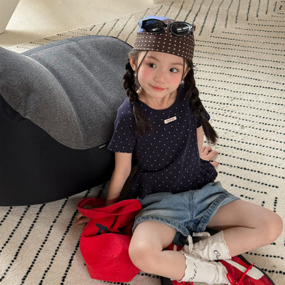 キッズ ネイビー ドット柄 半袖Tシャツ、裾フリルと小さな胸ロゴ