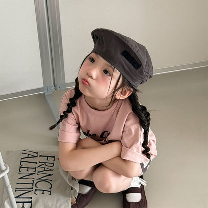 キッズ半袖Tシャツ（ライトピンク）丸首、英字ロゴプリント
