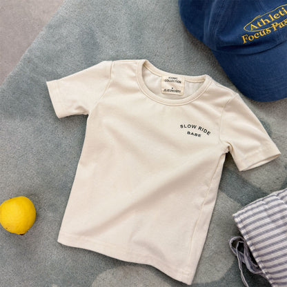キッズ ベージュ 半袖Tシャツ ワンポイントロゴプリント