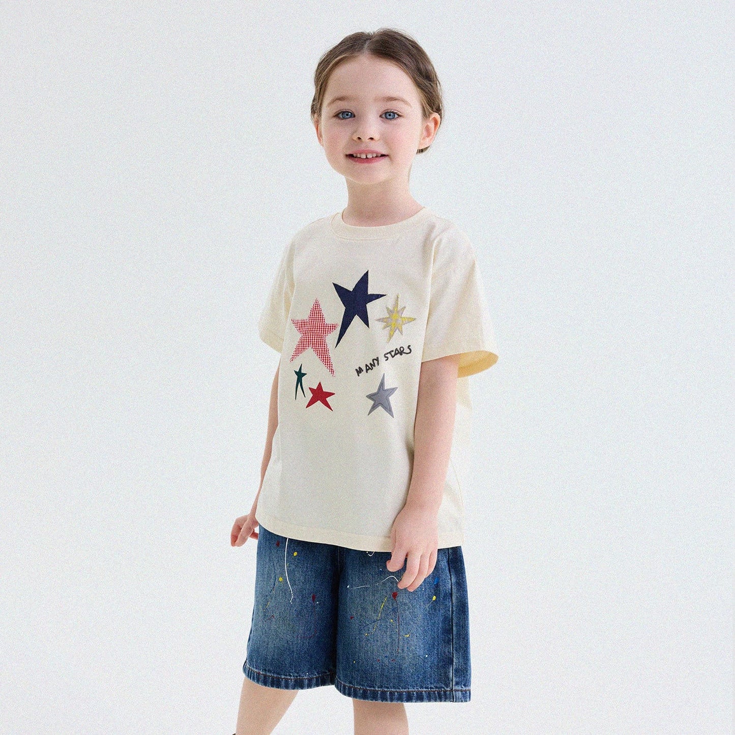 アップリケ パッチワーク 星 フルーツ クルーネック 半袖Tシャツ【mh0013743】 Beige / 80cm yunerma 半袖Tシャツ