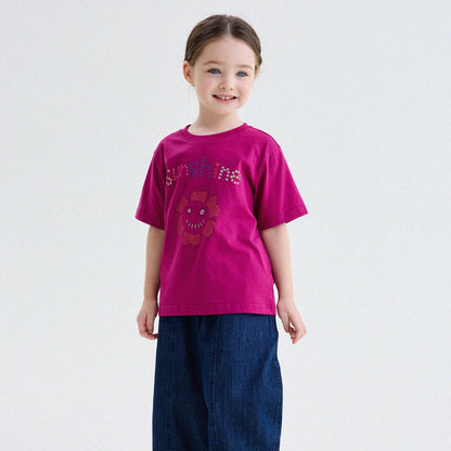 キッズ用ピンク系半袖Tシャツ、花とドットのプリント
