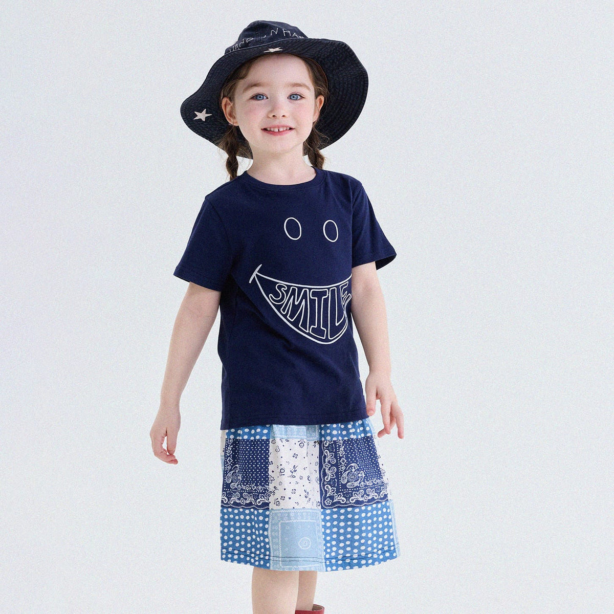 キッズ スマイルプリント バックプリント クルーネック 半袖Tシャツ【mh0013769】 Navy Blue / 80cm yunerma 半袖Tシャツ
