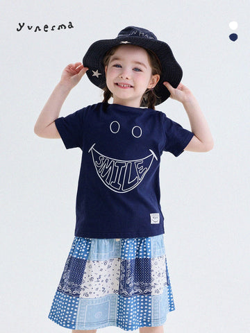 キッズ スマイルプリント バックプリント クルーネック 半袖Tシャツ【mh0013769】 yunerma 半袖Tシャツ