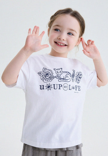 キッズ クルーネック キャットモチーフ レトロプリント 半袖Tシャツ【mh0013779】 yunerma 半袖Tシャツ