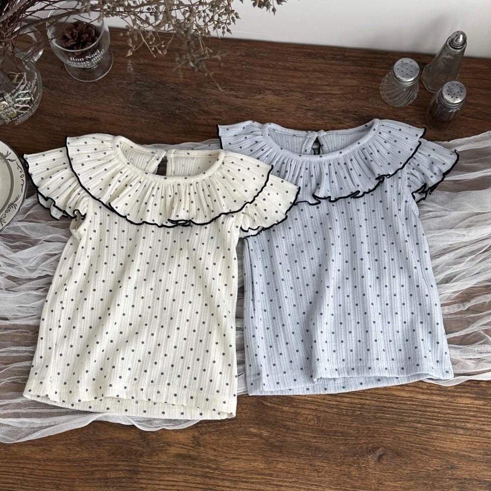 ドット柄 ラッフル襟 バックボタン 半袖Tシャツ【mh0013803】 mamahalo kids 半袖Tシャツ