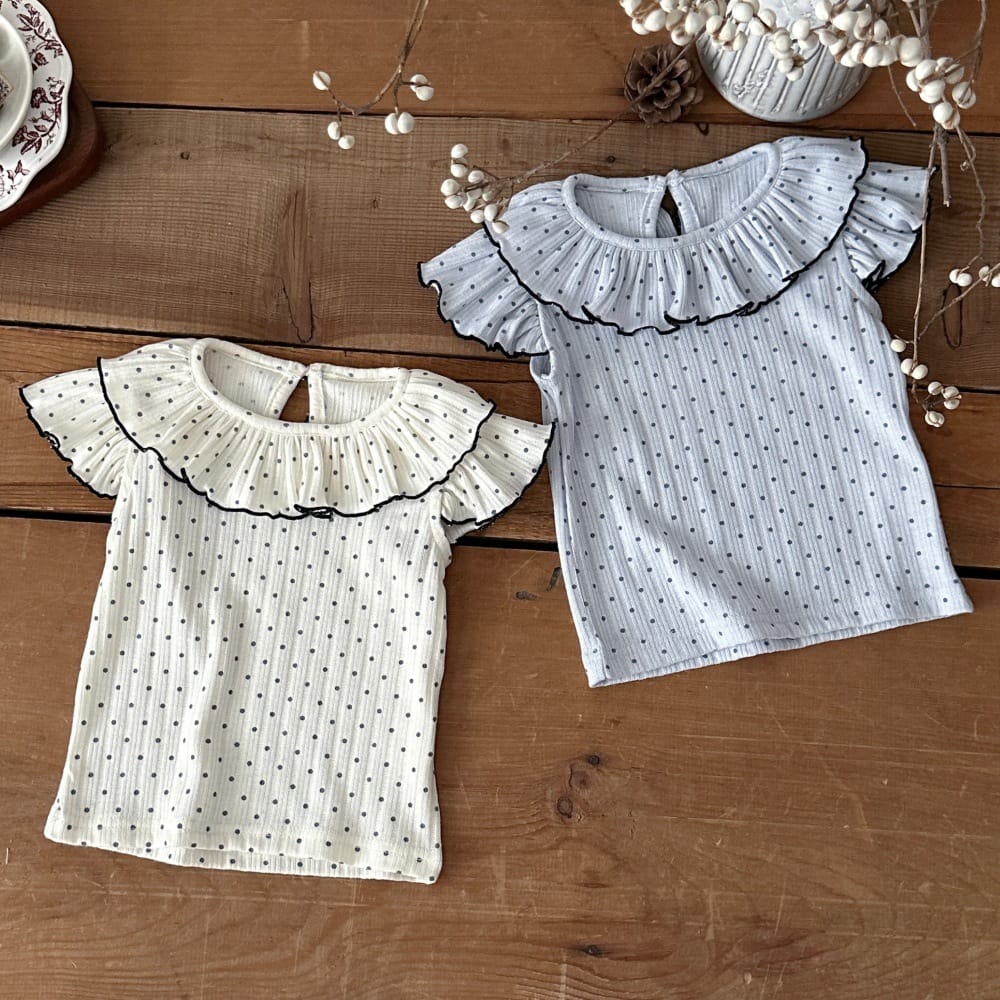 ドット柄 ラッフル襟 バックボタン 半袖Tシャツ【mh0013803】 mamahalo kids 半袖Tシャツ