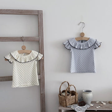 ドット柄 ラッフル襟 バックボタン 半袖Tシャツ【mh0013803】 mamahalo kids 半袖Tシャツ