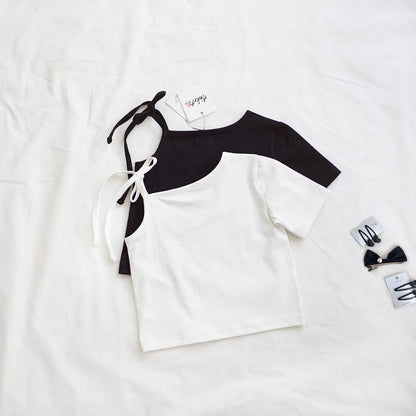 キッズ用ワンショルダーリボン半袖Tシャツ（黒/白）2枚セット