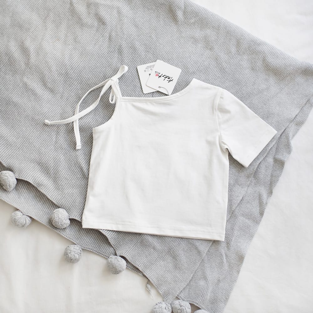 キッズ アシンメトリー ワンショルダー リボン 半袖Tシャツ【mh0013815】 White / 90cm ANKRT 半袖Tシャツ