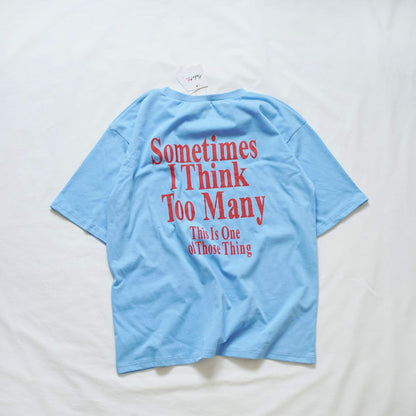 キッズ用ブルーのバックロゴプリント半袖Tシャツ（コットン、ルーズ）