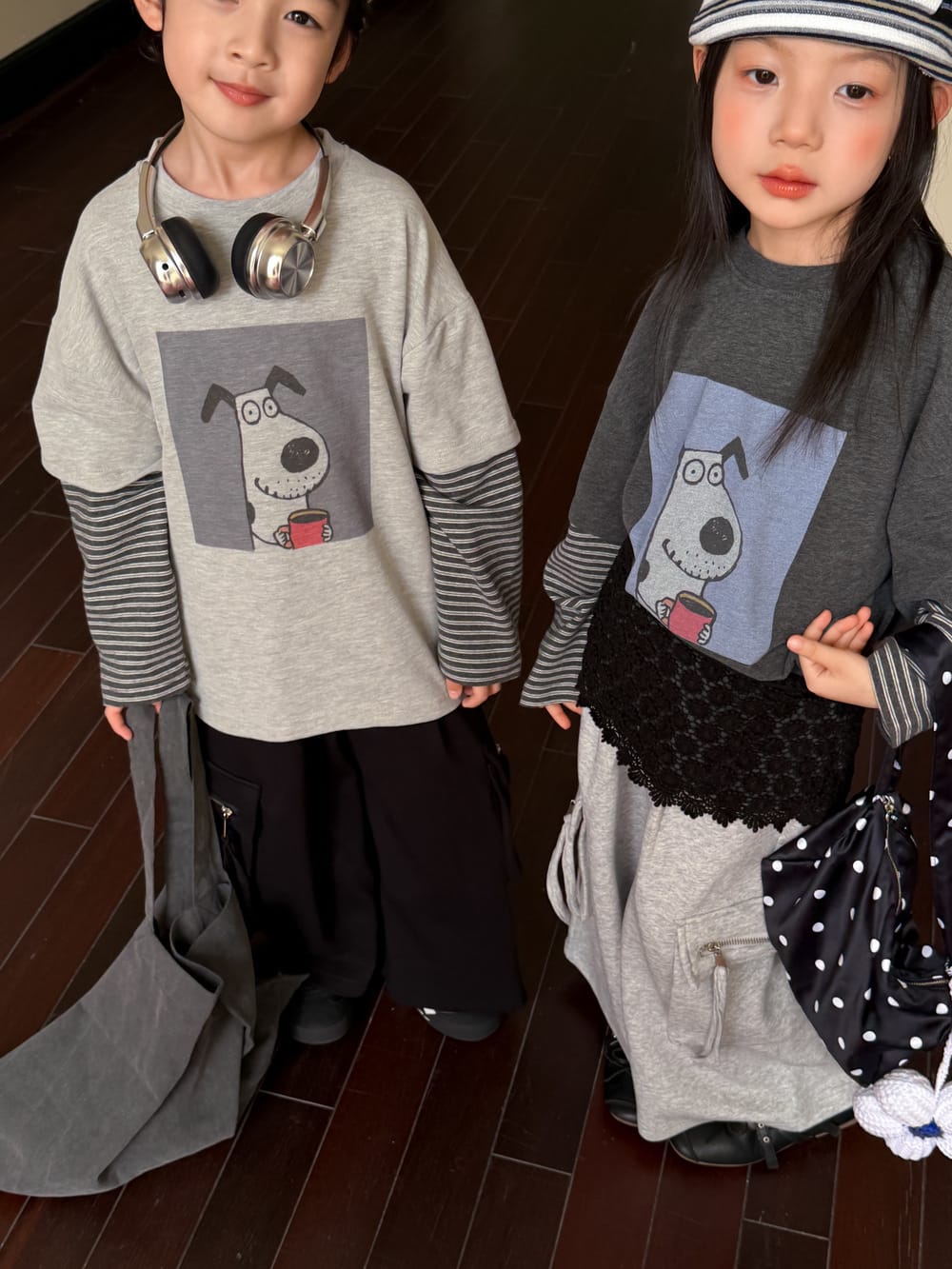 キッズ ボーダー ドッグプリント 重ね着風 長袖Tシャツ【mh0013920】 KUMAI.KIDS 長袖Tシャツ