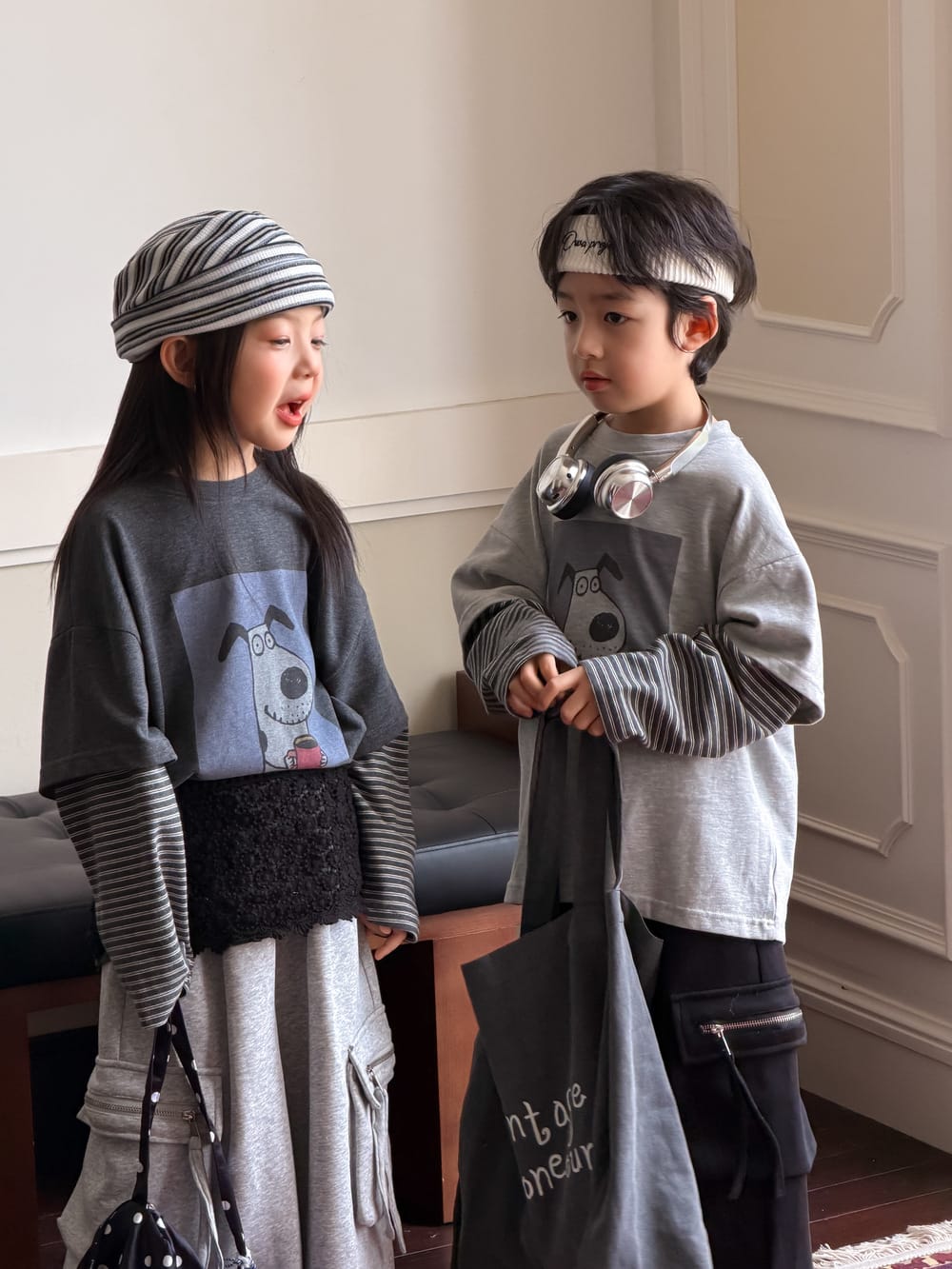 キッズ ボーダー ドッグプリント 重ね着風 長袖Tシャツ【mh0013920】 KUMAI.KIDS 長袖Tシャツ