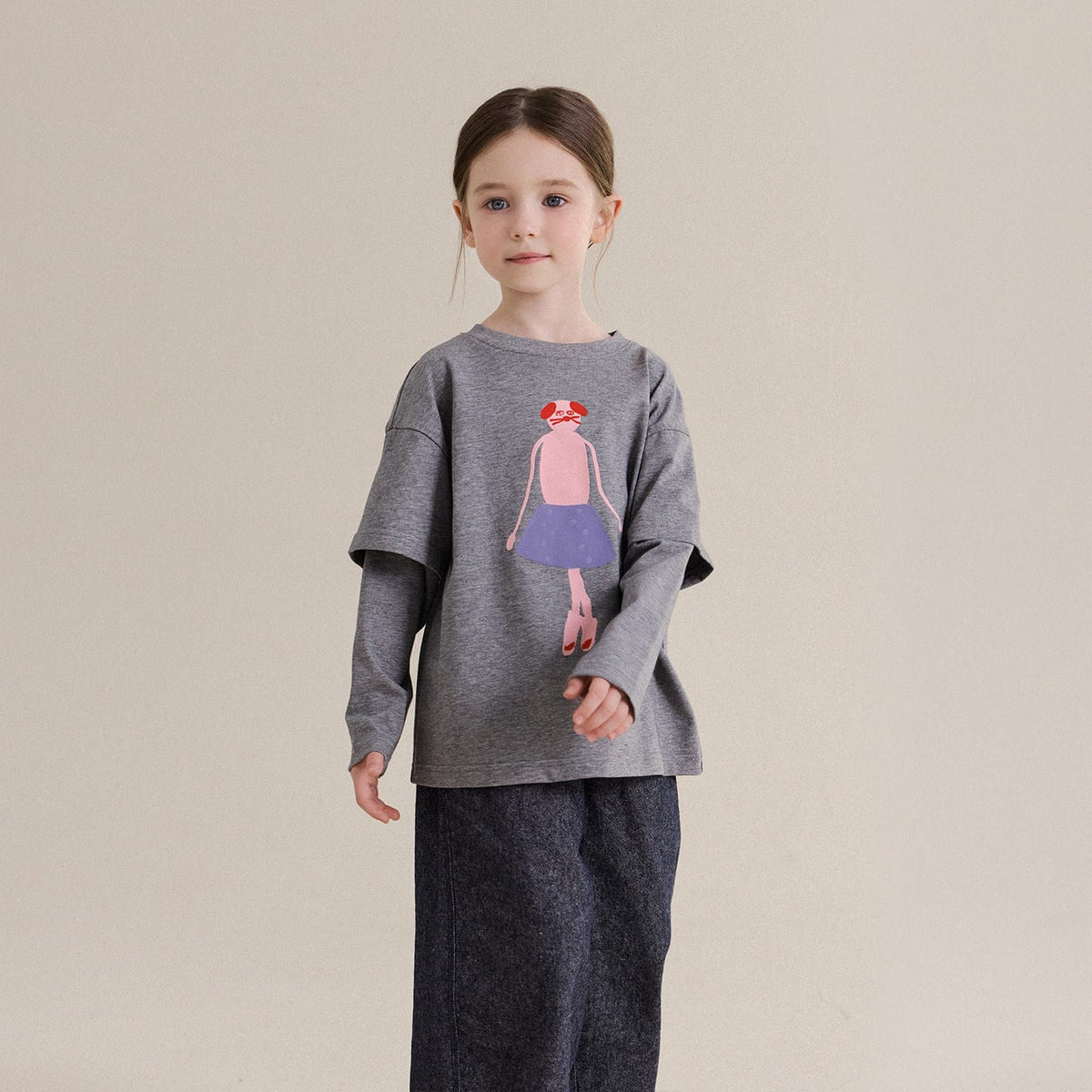 重ね着風プリントのキッズ長袖Tシャツ（女の子）グレー系