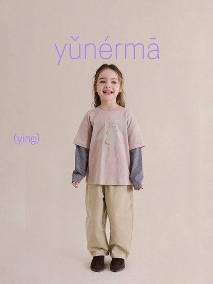 重ね着風プリントのキッズ長袖Tシャツ（ぞう）ピンク系