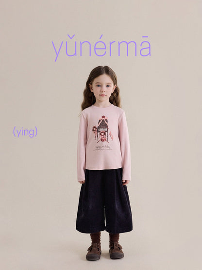 キッズ長袖プリントTシャツ ピンク 胸の塔モチーフプリント