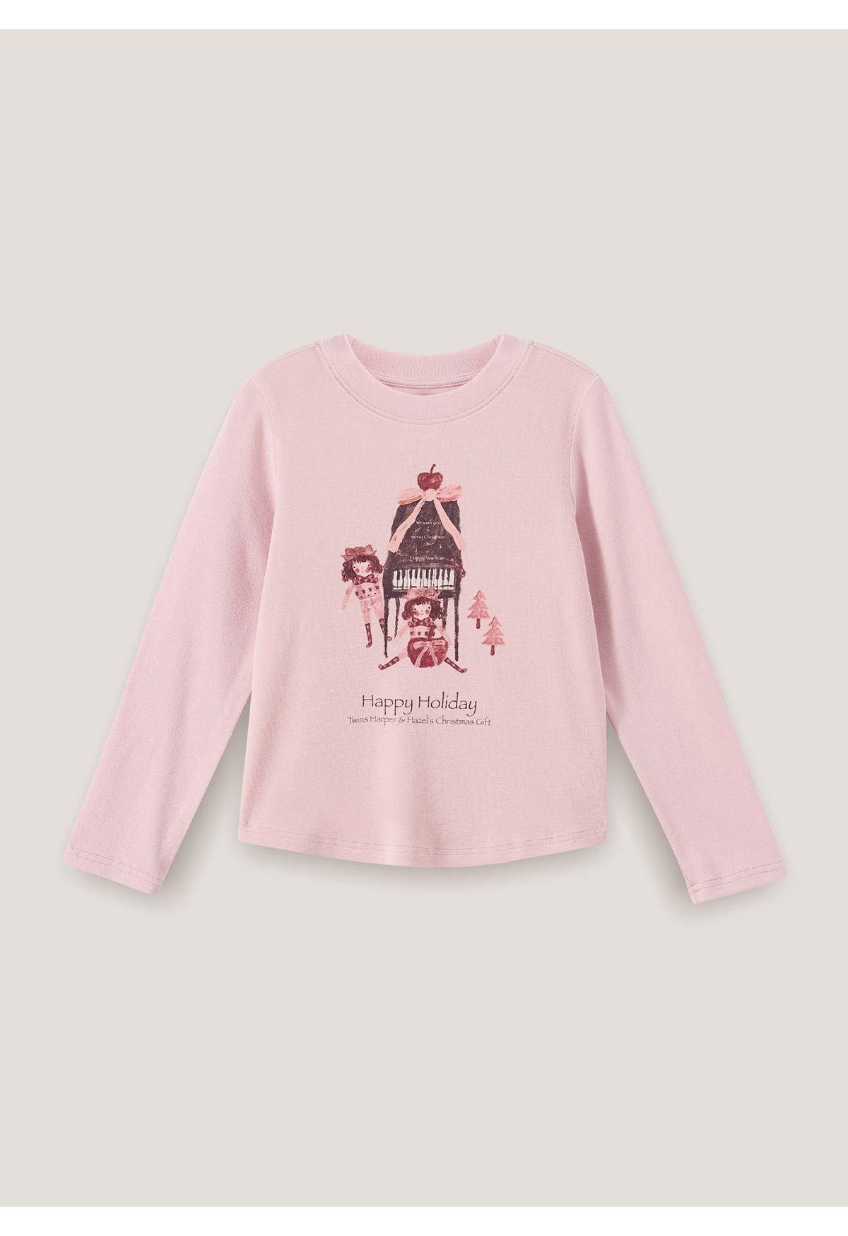 ピンクのキッズ長袖Tシャツ、胸元にリボン付きホリデープリント