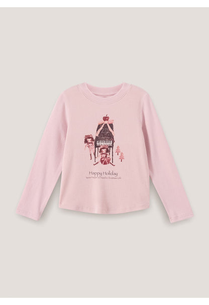 ピンクのキッズ長袖Tシャツ、胸元にリボン付きホリデープリント