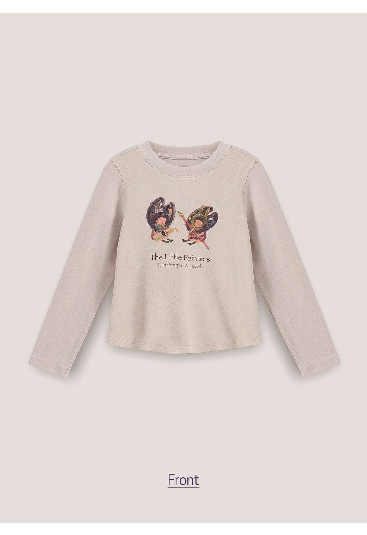 ベージュの長袖Tシャツ、前面に“Little Painters”プリント