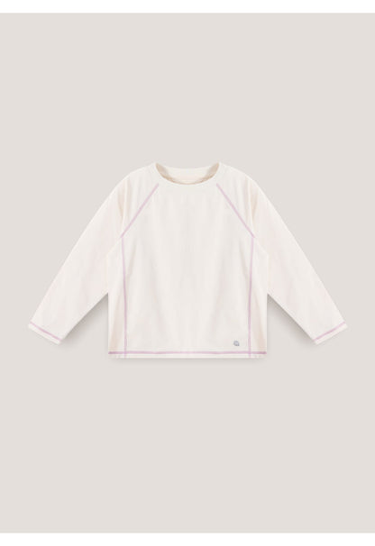 キッズ用長袖Tシャツ、ラグラン配色（ホワイト×ピンクのライン）