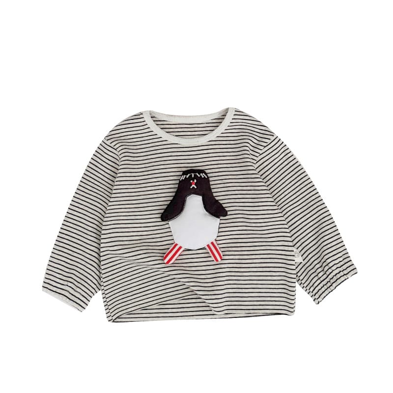 ボーダー長袖Tシャツ ペンギンアップリケ ブラック×ホワイト系