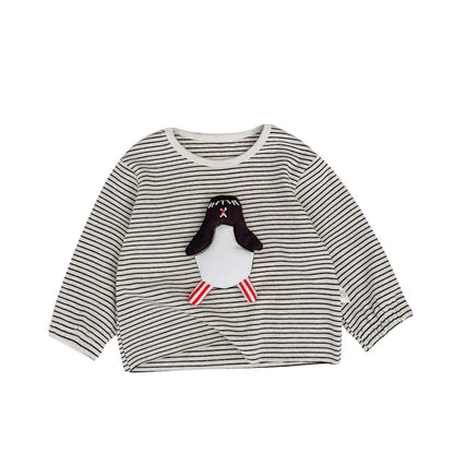 ボーダー長袖Tシャツ ペンギンアップリケ ブラック×ホワイト系