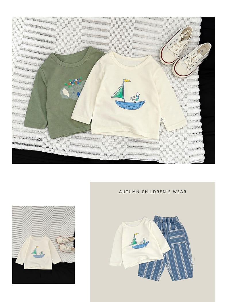 ベビー向け綿長袖Tシャツ（プリント）グリーン＆ホワイト2枚、動物＆ヨット柄