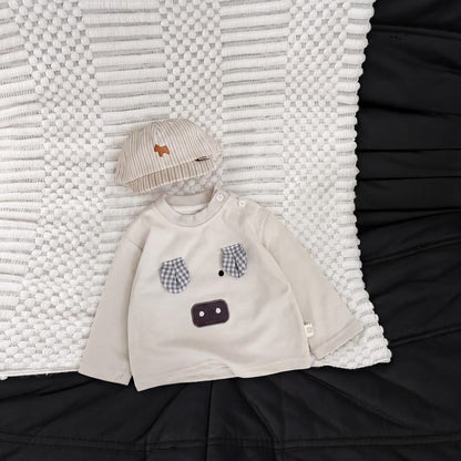 長袖Tシャツ オフホワイト系、胸にチェック柄動物風アップリケ