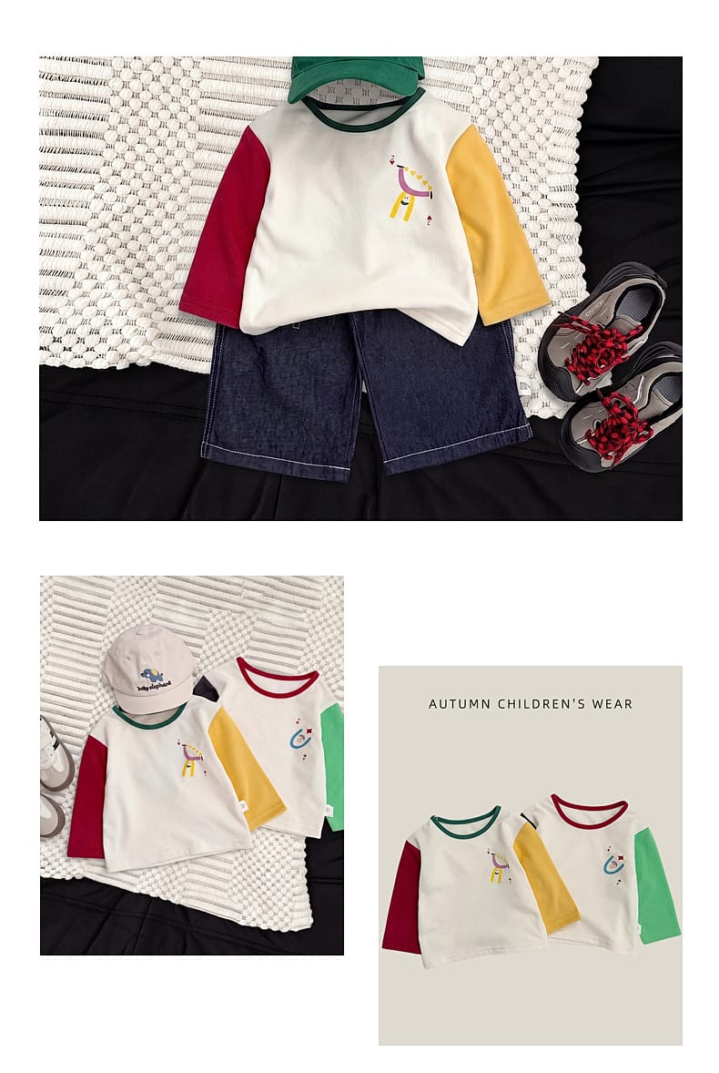 ベビー用長袖カラーブロックTシャツ、白地に赤・黄の袖切替プリント