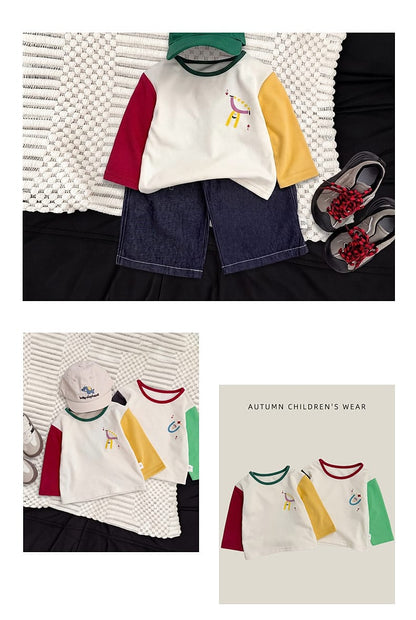 ベビー用長袖カラーブロックTシャツ、白地に赤・黄の袖切替プリント