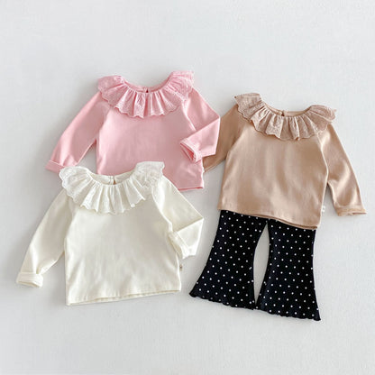 キッズ服セット4点：ピンク/クリーム/ベージュのフリル襟トップスとドット柄フレアパンツ
