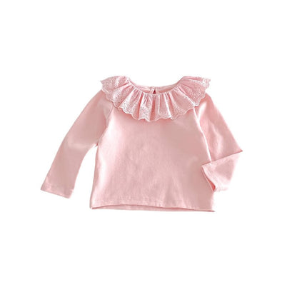 子ども用 ピンク長袖Tシャツ フリル襟デザイン